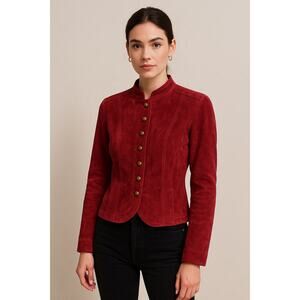Vintage Y2K Live a Little Red Suede Leather Studded Military Jacket Size Medium
